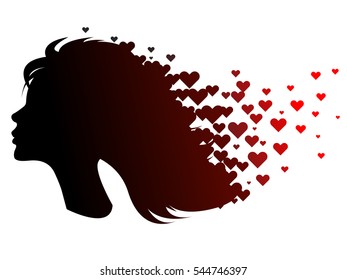 Girl's black silhouette with red hearts. A vector icon of a woman's profile with hearts.