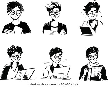 Girls black and white line style vector illustration of woman. Lesbian girl, woman with short hair