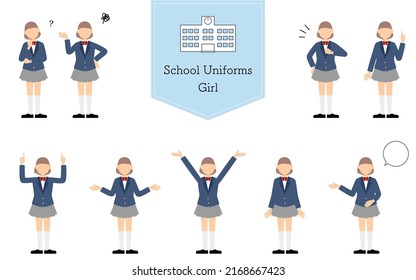 Girls, blazer uniform pose set,Questioning, worrying, undertaking, pointing, etc.