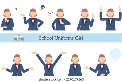 Girls, blazer uniform pose set,Questioning, worrying, undertaking, pointing, etc.
