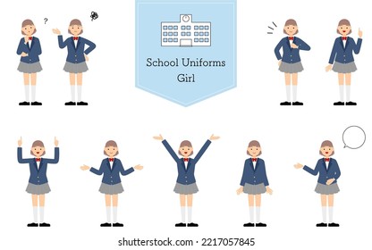 Girls, blazer uniform pose set,Questioning, worrying, undertaking, pointing, etc.