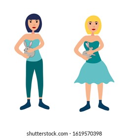 Girls blonde and brunette with cute rabbits in hands in a flat style isolated on white background. Stock vector illustration for decoration and design, packaging, Easter, greeting cards, banners