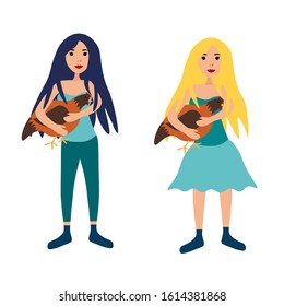 Girls blonde and brunette stand with a chicken in hands in a flat style isolated on white background. Stock vector illustration for decoration and design, web pages, postcards, fabrics and more.