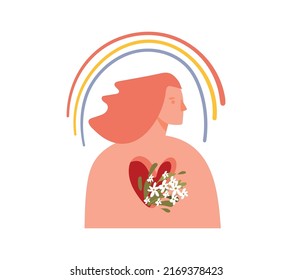 Girls With A Blooming Heart And A Rainbow Icon, The Concept Of Good Mood, Inspiration, The State Of Being In Love. Happy Teen Girl, Abstract Symbol Of Happiness And Mental Health. Flat Cartoon Vector