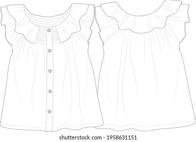 Girls blouse flat sketch clothes for older girls. Dresses , pants , blouses , hoodies vector.