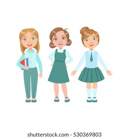 Girls In Blue Outfits Happy Schoolkids In Similar Collection School Uniforms Standing And Smiling Cartoon Character