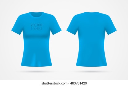 Girl's blue vector T-shirt template, isolated on background. Women's realistic blue T-shirt mockup. Front & rear sides.