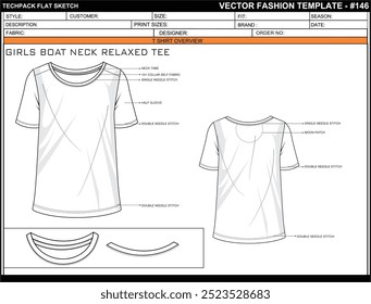 GIRLS BOAT NECK RELAXED TEE TECHNICAL FASHION FLAT SKETCH TEMPLATE ILLUSTRATION