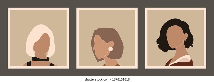 Girls with bobbed hairstyle. Set of abstract female silhouettes. Abstract women portraits in pastel colors Collection of contemporary art posters Fashion girls for social media