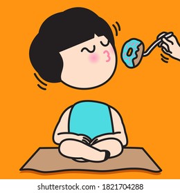 Girl's Body Sitting In A Lotus Pose Meditating While Her Head Flying To Food Concept Card Character illustration