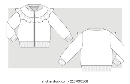 Girl's bomber jacket with frill on front. Technical sketch.