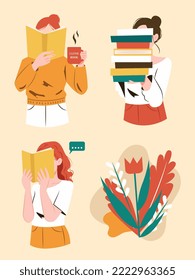 Girls and book with flower illustration flat design