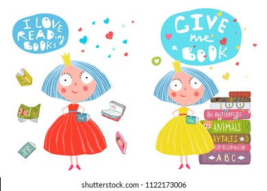 Girls and Books Reading Cartoon. Funny clip art with girls, books and hand drawn lettering design. Vector cartoon.