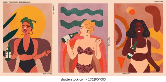 Girls with a bottle.
A collection of women with beer, wine, water in their hands. Abstract minimalist hand-drawn vector illustration for stories, wall decoration, postcard or brochure cover design.