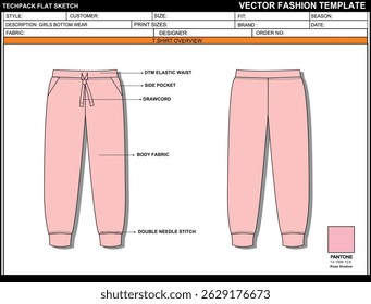 GIRLS BOTTOM WEAR CAD EDITABLE FLAT TECHKNICAL FASHION SKETCH VECTOR MOCKUP