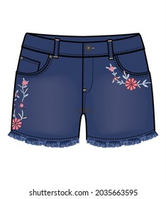 GIRLS BOTTOM WEAR DENIM JEANS SHORTS WITH EMBROIDERY DETAIL VECTOR ILLUSTRATION