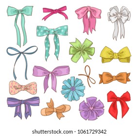 Girls bow vector girlish bowknot or girlie ribbon on hair or for decorating gifts on Birtrhday illustration set of bowed or ribboned presents on holidays celebration isolated on white background