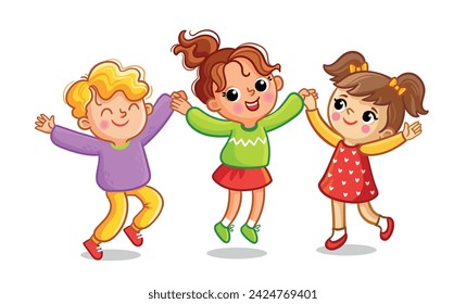 Girls and boy are happy on a white background. Vector illustration with cute children playing in cartoon style.