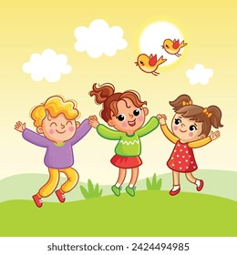 Girls and a boy are having fun on a green summer meadow with birds. Vector illustration with cute children playing in cartoon style.