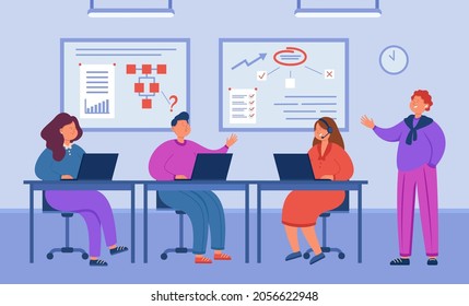 Girls and boy looking at monitors during programmers lesson. Software developing company team working out app flat vector illustration. Teaching, learning and programming concept