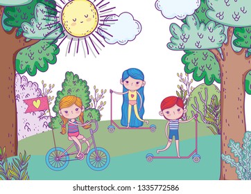 girls and boy playing and ride bicycle and scooter