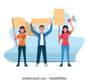 girls and boy protestating holding blank posts and megaphone over white background, colorful design, vector illustration