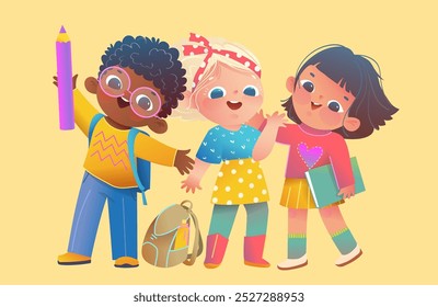 Girls and boy student of elementary school, children friends characters reading books and studying. Kids education and learning design. Isolated vector illustration for school and kindergarten.