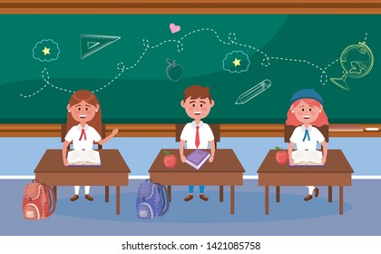 girls and boy students in the desk with book and apple fruit to back to school