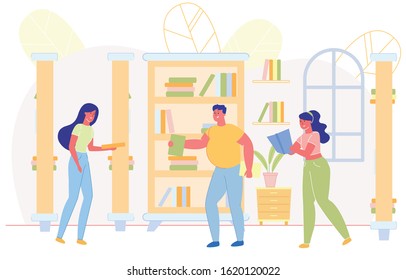 Girls and Boy Studying at University Library Flat Cartoon Vector Illustration. Students Holding Textbooks. People Getting Information from Archive. Learning, Brainstorming and Discussing.