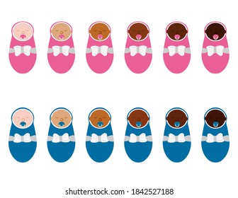 Girls and boys babies with different skin color. Young children or newborns race diversity. Multinational vector illustration