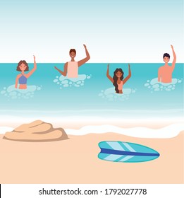 Girls and boys cartoons with swimsuit in the sea in front of the beach with surfboard design, Summer vacation tropical and relaxation theme Vector illustration