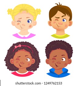 Girls and boys character set. Emotions of children face. Face vector illustration