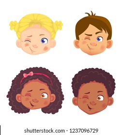 Girls and boys character set. Head icon. Face vector illustration