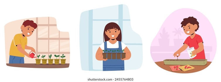 Girls And Boys Characters Happily, Planting Vibrant Greenery In Pots, Nurturing Nature With Giggles And Dirt-streaked Hands, Fostering Growth And Gardening Skills. Cartoon People Vector Illustration