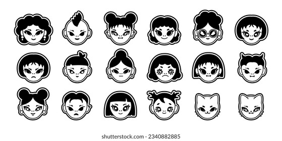 Girls and boys characters. Stickers set for 90s design in trendy retro Y2K style.