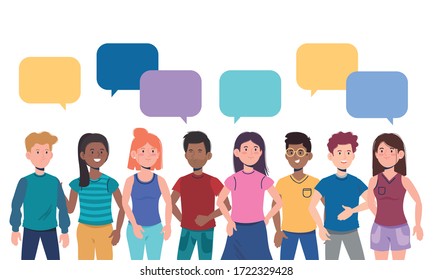 girls and boys with chat bubbles messages to communication vector illustration