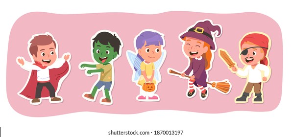 Girls, boys children friends characters celebrating Halloween holiday stickers set. Playful kids playing wearing witch, pirate, zombie, fairy, Dracula costumes. Halloween party fun vector illustration