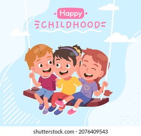 Girls, boys children friends enjoying swinging on swing. Joyful happy kid person friends playing together, entertainment fun leisure activity. Childhood happiness background flat vector illustration