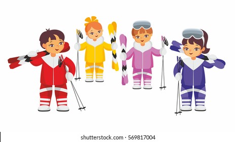 Girls and boys in colored ski suits. Vector illustration on a white background.