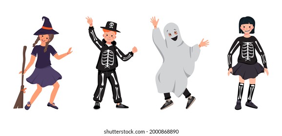 Girls and boys in costumes of a witch with a broomstick, a skeleton with bones and a skull, and ghosts dance at Halloween. Teenagers in fancy dress. Children in carnival clothes