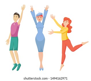 Girls and boys dance, pull their arms up, bounce. Jumping people dance laughing, smiling. Happy friends disco company party. Male, female together flying, dancing. Vector cartoon illustration