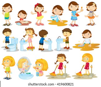 Girls and boys doing chores illustration