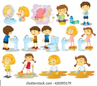 Girls and boys doing chores illustration