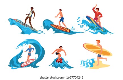 Girls and boys doing water surfing in summer vector illustration