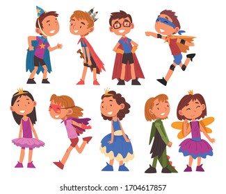Girls and Boys Dressed as Fairytale Heroes Set, Cute Happy Kids Playing Dress Up Game Cartoon Vector Illustration