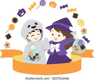 Girls and boys dressed up as Halloween and receive sweets.
Title ribbon.