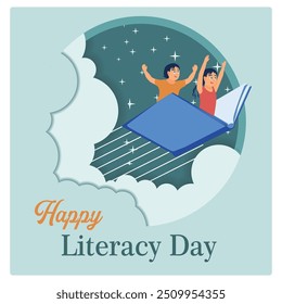 Niñas y niños volando sobre los libros. Leer libros se convierte en una imaginación para los niños. Concepto del Feliz Día de la Alfabetización. Ilustración vectorial plana.