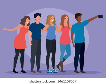girls and boys friends with hairstyle and smartphone selfie