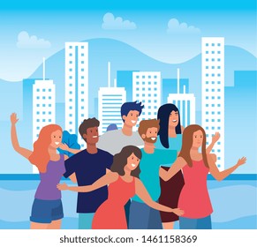 girls and boys friends together with casual clothes