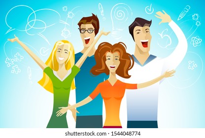Girls and boys generate ideas and concepts. Young women and men open minds for something new. Hands up and eyes open people on clear sky background. Imagination backdrop. Modern vector illustration.